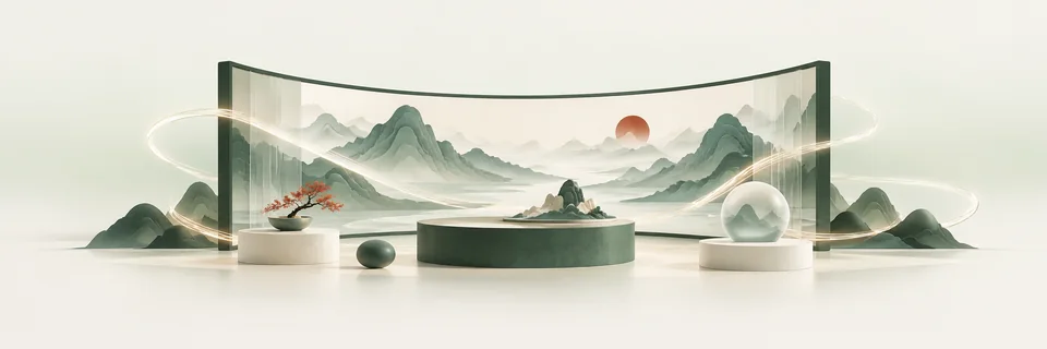 弧形数字屏幕与光影展台的概念插画